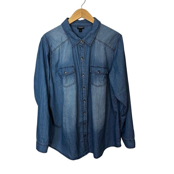 Torrid Women 2X  Chambray Shirt Solid Blue Cotton Collared Long Sleeve‎ Button - Picture 1 of 5